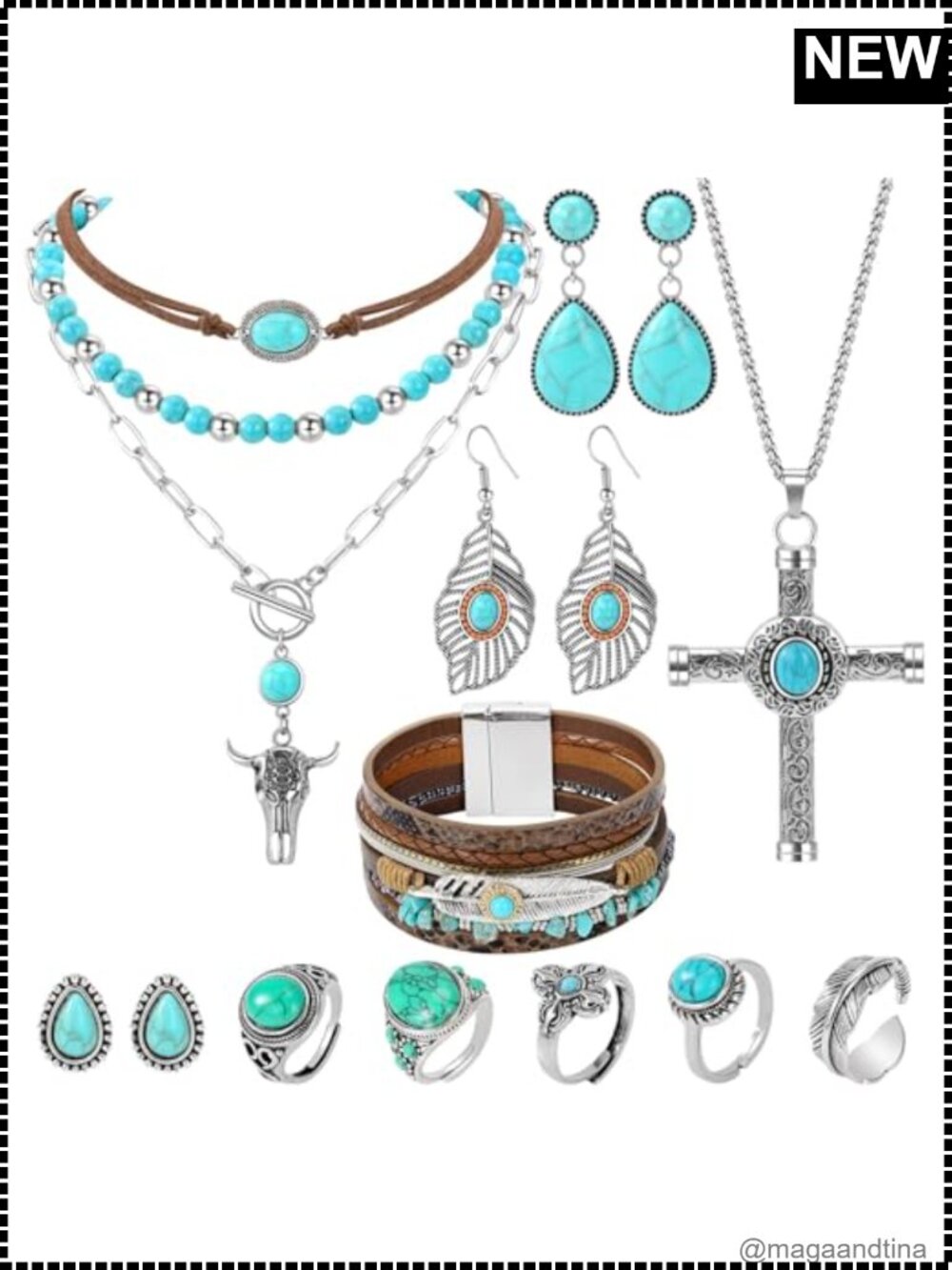 Western Turquoise Jewelry Set Necklace Earrings Bracelet Rings Boho